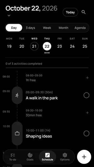 Joria day view with three activities and the free time between them